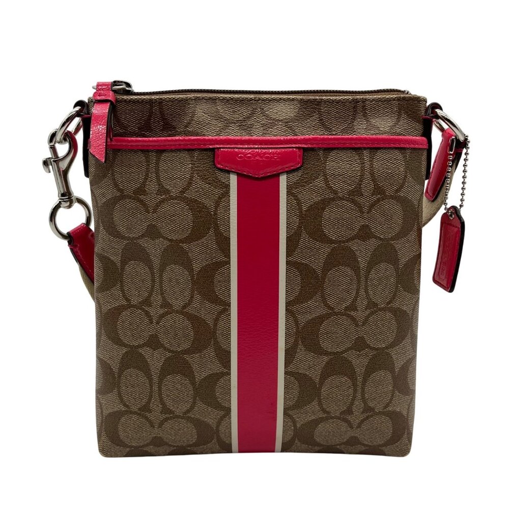 Coach Brown Coated Canvas Signature Pink Stripe Swingpack Bag